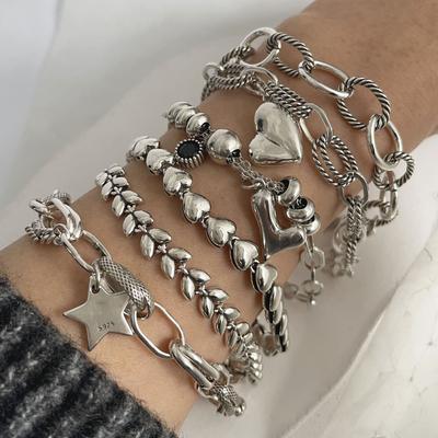 100% Masivní stříbrný náramek 925 pro ženy Vintage Ručně vyráběný Jednoduchý Retro Řetízkový náramek ve tvaru srdce Dárek k narozeninám Párty