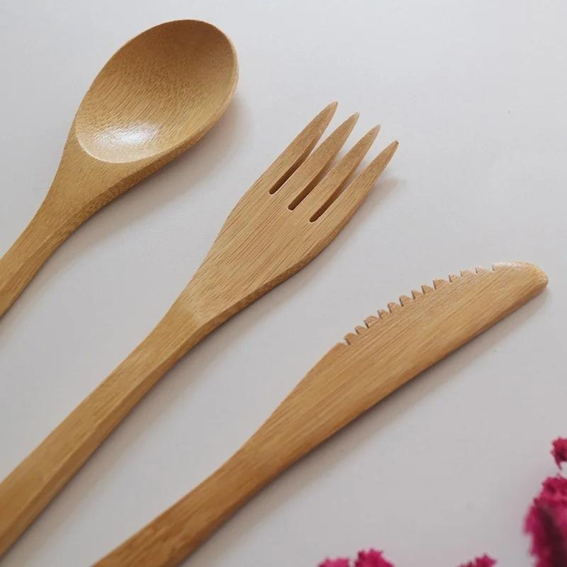 3Pc/set Wooden Dinner Set Bamboo Fork Knife Soup Teaspoon Cutlery Dining Table Cooking Tools Kitchen Utensil Dinnerware Sets
