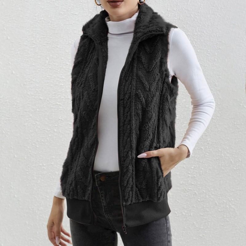 Women autumn solid Plush Cardigan Vest Casual Zipper Lapel Pocket Solid Color Warm Vest