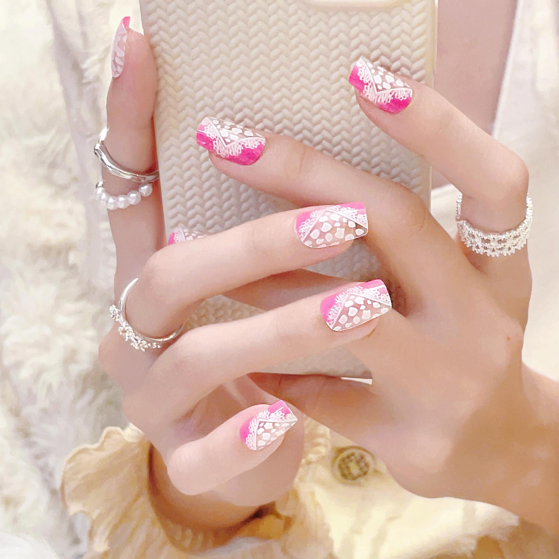 

Hot-selling French Rose Red & White Polka Dot False Nails - High-end Manicure Stickers