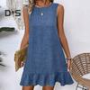 Summer Sundress Ruffle Hem Loose Sleeveless Round Neck Solid Color A-line Mini Dress for Beach Datings Vacation