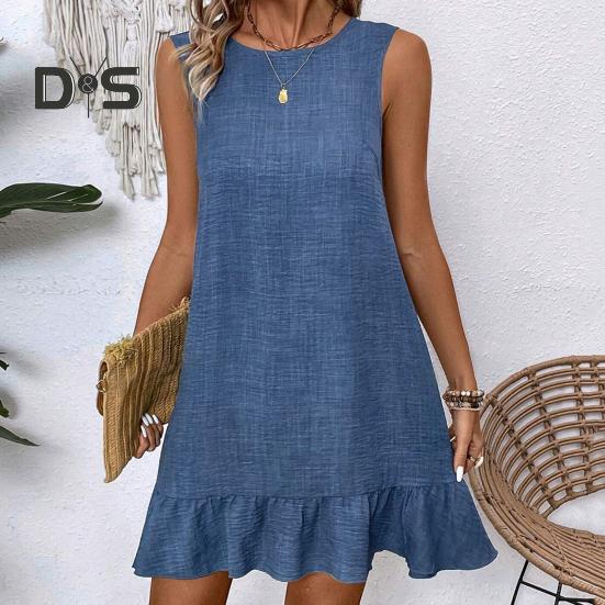 Summer Sundress Ruffle Hem Loose Sleeveless Round Neck Solid Color A-line Mini Dress for Beach Datings Vacation