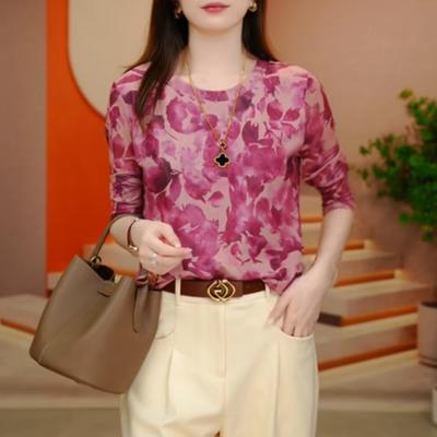 Mesh Base Shirt for Women In Autumn, Fashionable, Age-reducing Thin Slim Printed Tops Long-sleeved T-shirt
