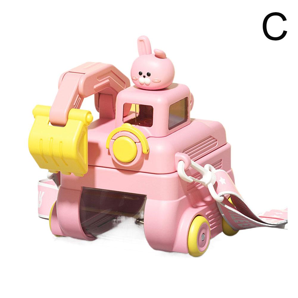 Food Grade Water Container Excavator Cartoon Water Bottle with Adjustable Strap Leak-proof Top Straw Cup for Kids Fun for School