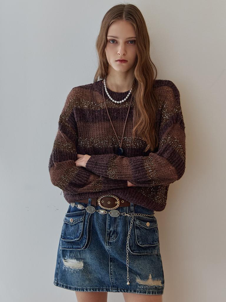 MAXZA Sequin Mix Stripe Loose Fit Boucle Knit