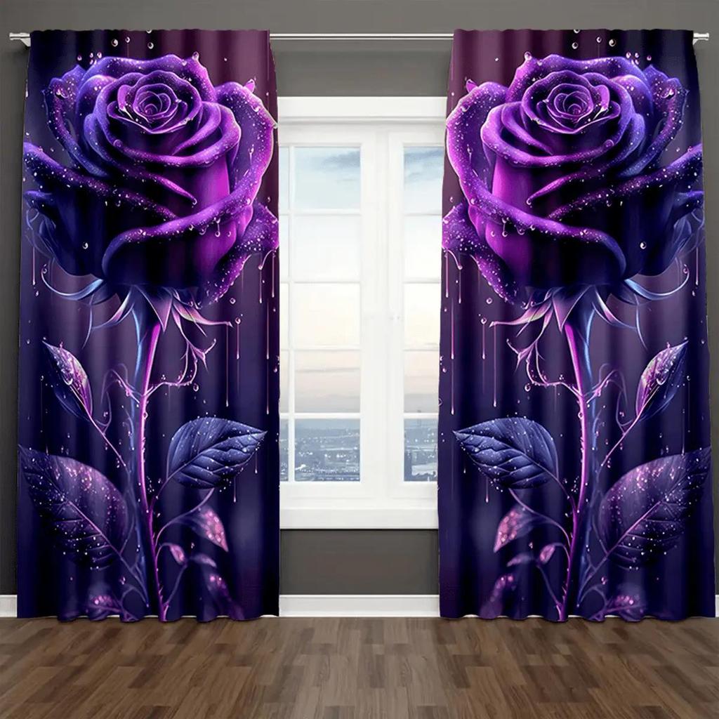 Elegant Purple Rose Pattern Printed Curtains, Pole Bag Bedroom and Living Room, Home Decoration, Room Decoration