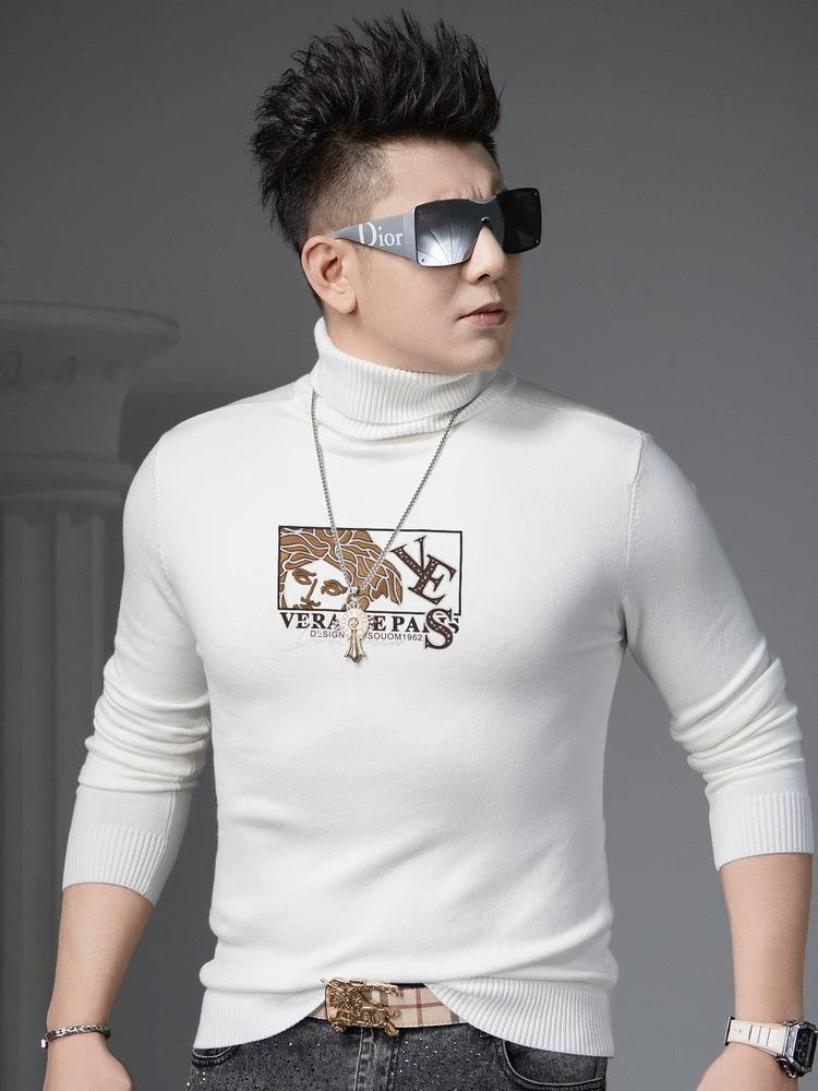 Ozhouzhan Autumn and Winter Turtleneck sweater Men's Trendy Print Hot Drilling Sweater Men's Warm Knitted Bottoming Shirt