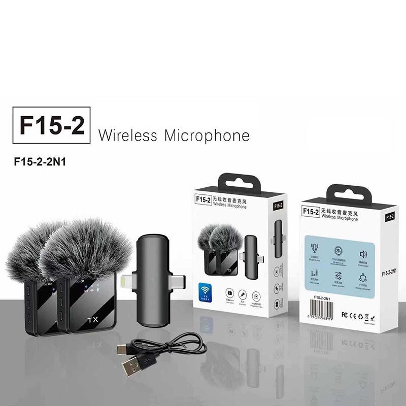 F11-2 F15 3-in-1 Wireless Lavalier Microphone Dual Mic Noise Cancellation Mini Clip-On for iPhone Android Live Streaming Vlog
