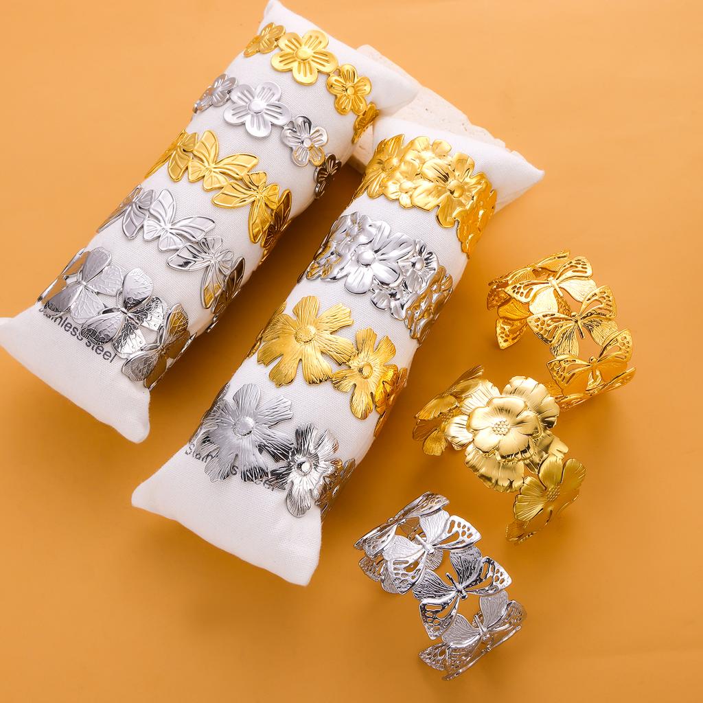 CARLIDANA Exaggerated Big Flower Personalized Hollow Out Leaf Open Wide Bangle Stainless Steel Non Tarnish Cuff Bracelet Women