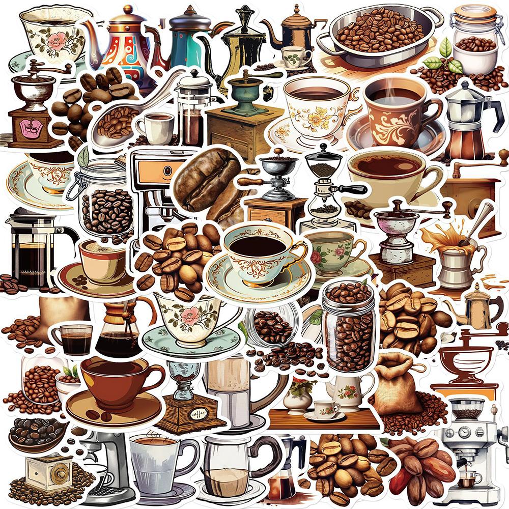 10/30/50pcs Vintage Coffee Machine Stickers Coffee Beans Graffiti Decals DIY Luggage Stationery Skateboard Retro Cartoon Sticker