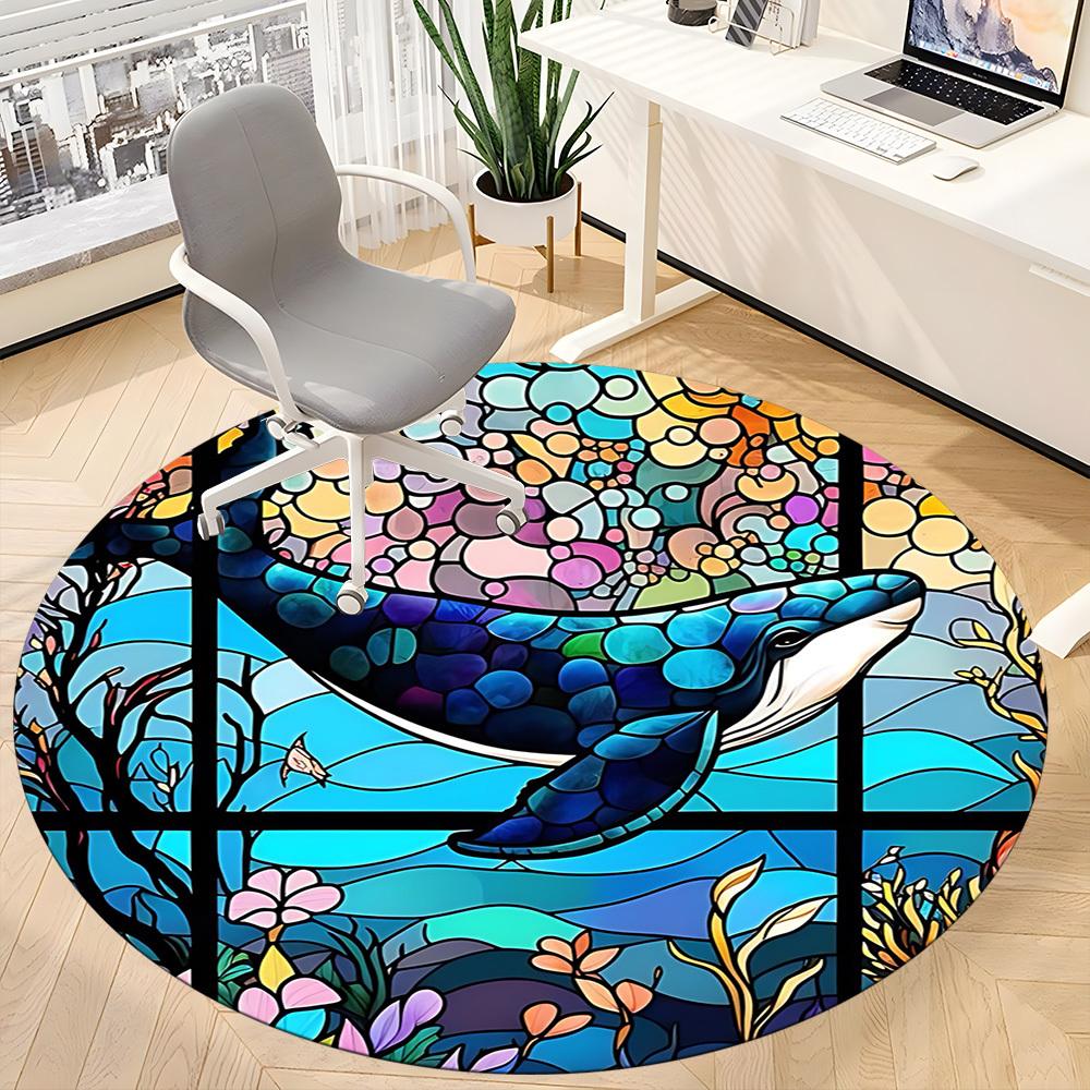1pc Whale StainedGlass Office Round Area Rug, Under Office Chairs Bedroom Living Room Home Decor, Room Deco
