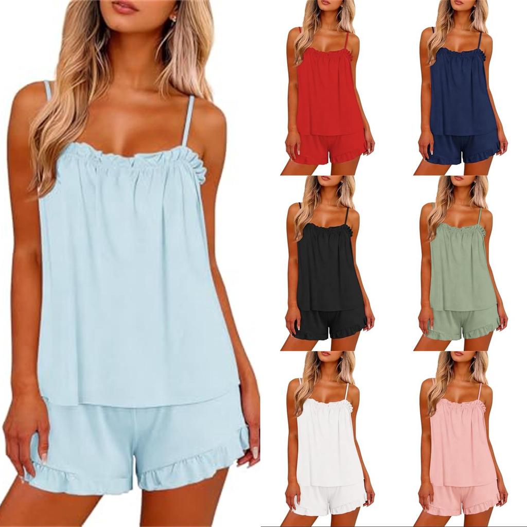 Women's Casual Two Piece Pajama Set Lightweight Sleeveless Top with Adjustable Straps and Elastic Waist Shorts Soft Lounge Sleepwear