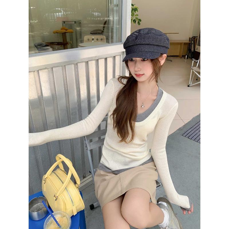 

Splicing contrasting colors fake two-piece neck knitted sweater women s early autumn new slim-fitting and thin inner bottoming shirt top L