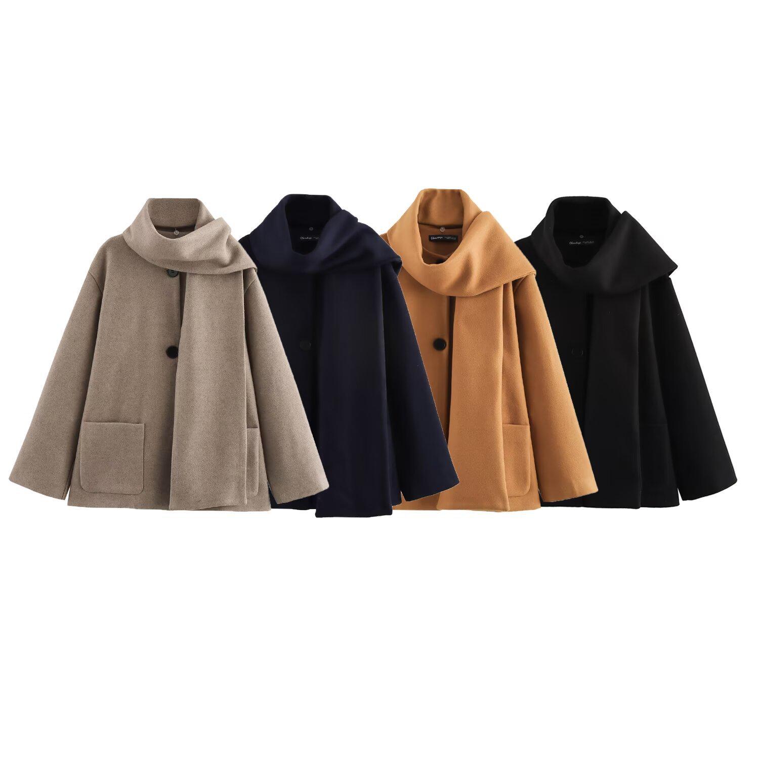 

2025 Spring Women s Loose Wool Coat with Scarf Decor - Warm & Versatile Small