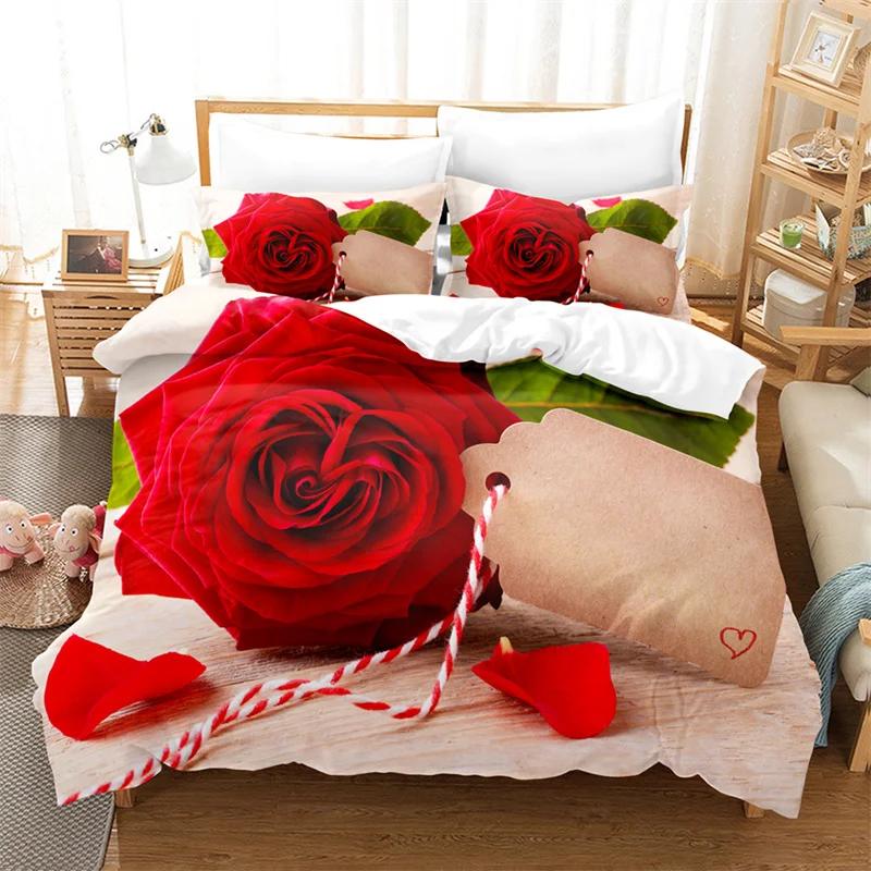 Comforter Rose Flower Bedding Set 4Pcs Pink Red 200X230 For Double Bed 3D Bedsheet 230X230 Full Size Thin Fabric