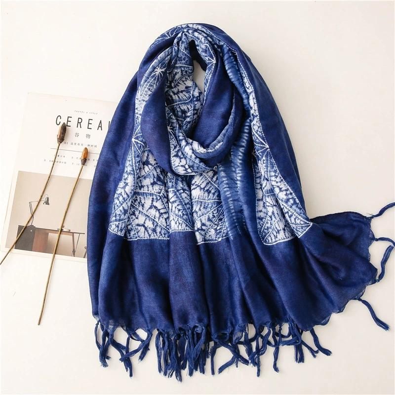 New Ethnic-Style Tie-Dye Colorized Blue-And-White Cotton And Linen Scarf Travelling Shawls For Women