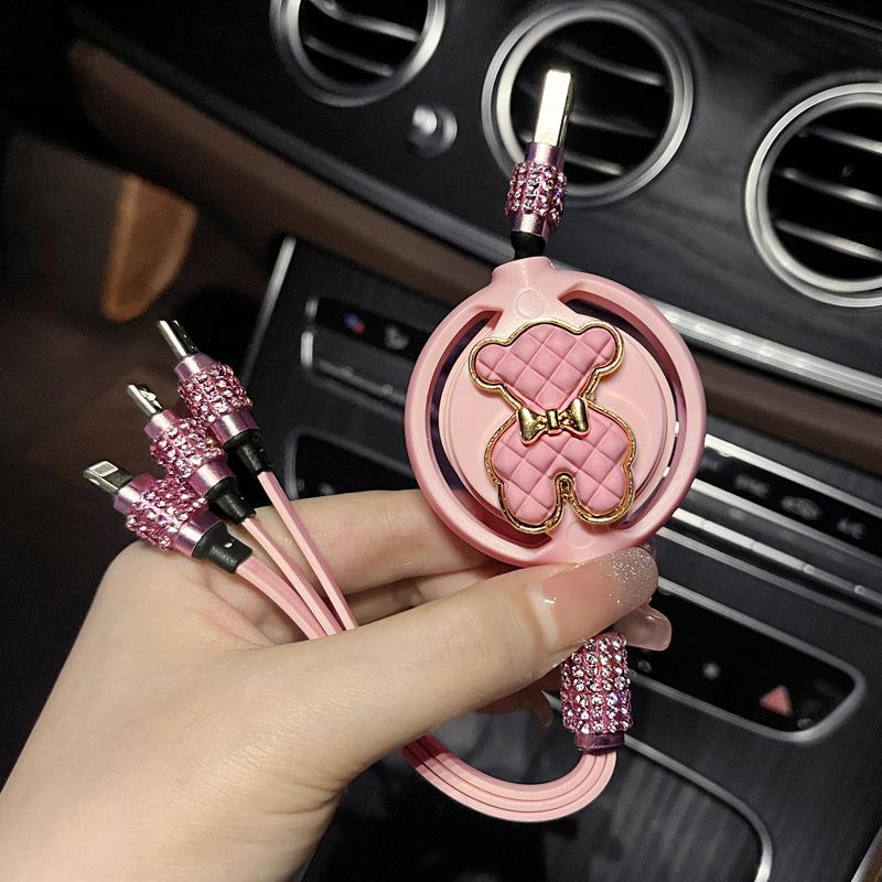 Rhinestone 3 in 1 Car Charger Data Line Charming Cute Ballet Girl Bowknot Bear Auto Fast Charging Bling Car Interior Accessories