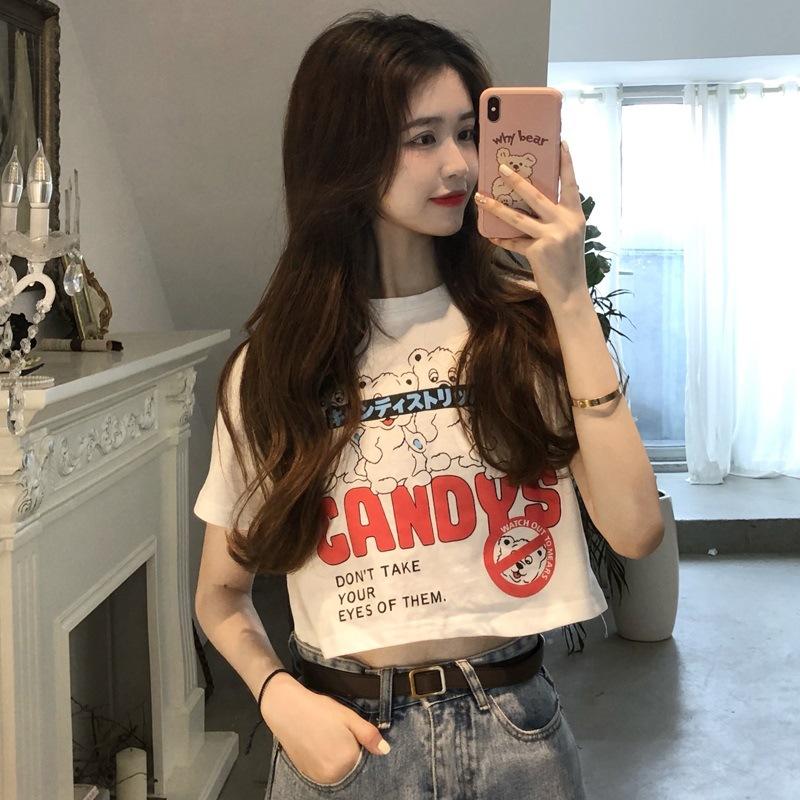 Short-sleeved T-shirt for Women, Short Slim Short Top Hyuna Style Scheming High Waist and Navel Exposed New Style Versatile and Sexy