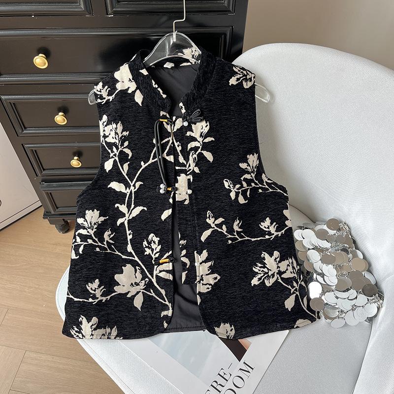 Ruyi Lianyun, New Jacquard Stand-up Collar, Placket Pearl Buckle Vest for Women's Retro Outer Wear Vest