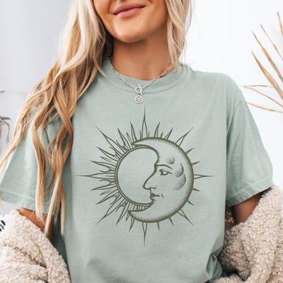 Celestial Sun Moon Oversized Comfort Colors Shirt, Dark Cottagecore Clothing, Vintage Whimsigoth Sweater, Witchy Gifts, Mystical Astrology