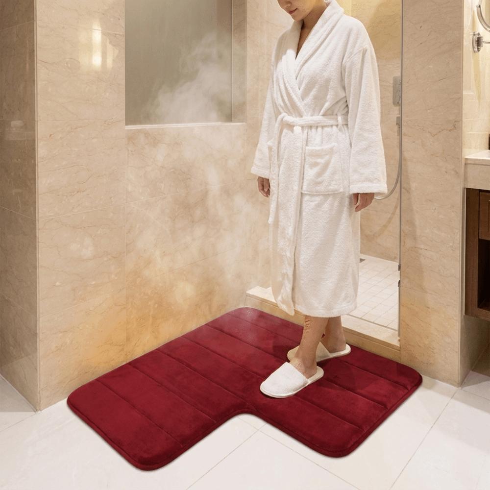 Striped L-Shaped Bathroom Floor Mat Coral Velvet Non-Slip Doormat Absorbent Foot Mat Shower Room