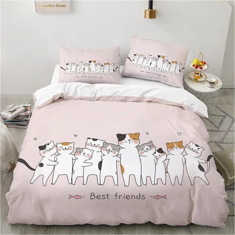 Cute Cartoon Animals Pink Toddler Bedding Set 3D Funny Cat Print Duvet Cover Twin Queen Size For Teens Kids Girls Bedroom Decor