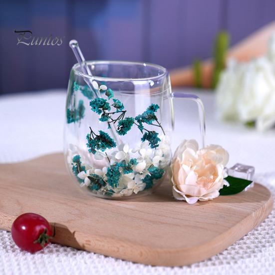 250 ml dvoustěnný skleněný hrnek čirý květinový hrnek s širokým hrdlem a izolovanou nádobou na kávu pro kávu a čaj čokolády