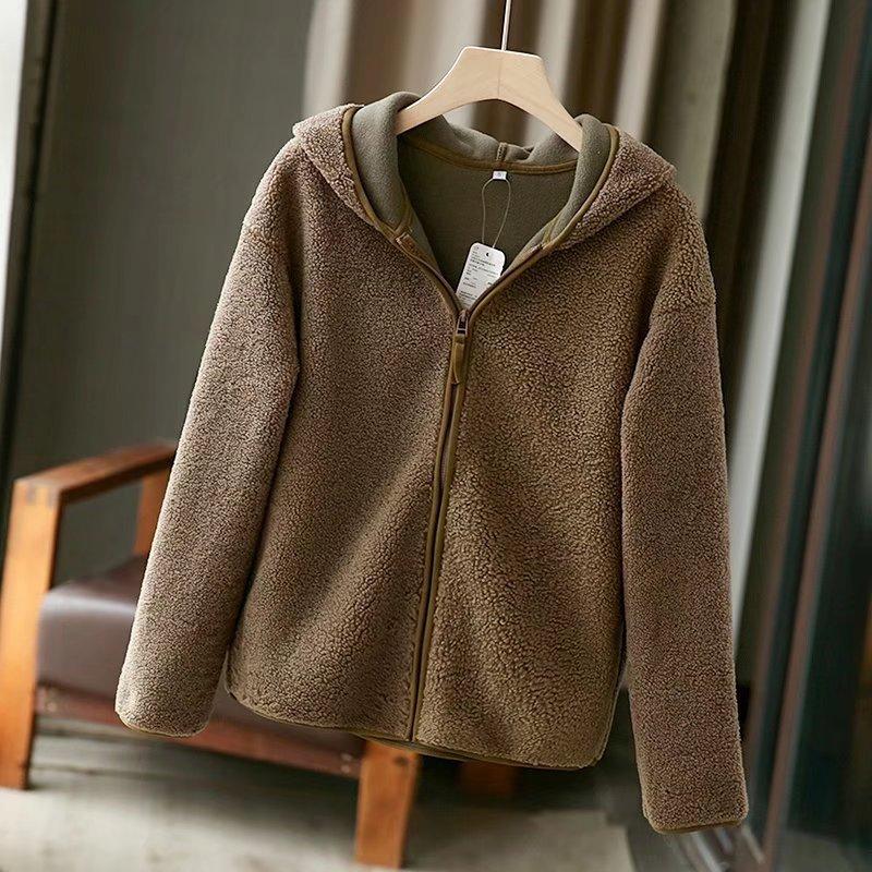 Bunda z imitácie jahňacej vlny, polárna flísová bunda, dámsky kardigán na zips s kapucňou na jeseň a zimu XL hnedá