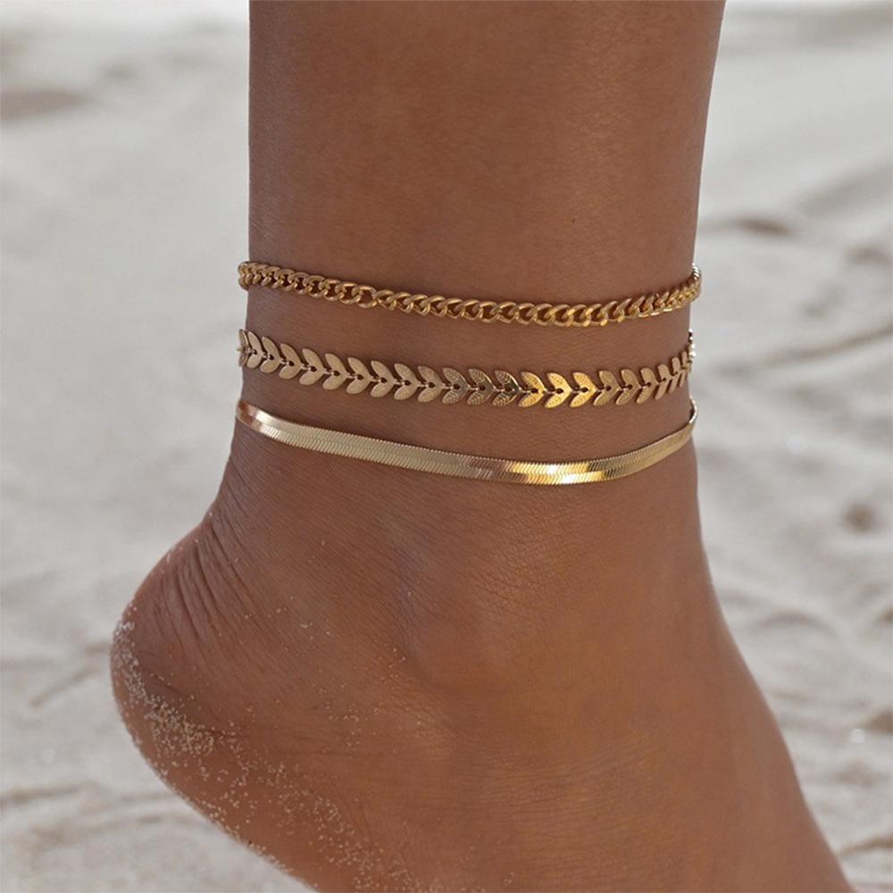 SUMENG 2024 New 3pcs/set Gold Color Simple Chain Anklets For Women Beach Foot Jewelry Leg Ankle Bracelets Accessories