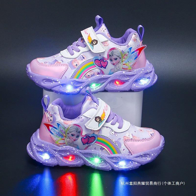 Mädchen mit Leucht-Sneakern 2025 Frühling und Herbst neue Mesh-Leder kleine Mädchen Prinzessinnenschuhe weiche Sohle Baby Leuchtschuhe