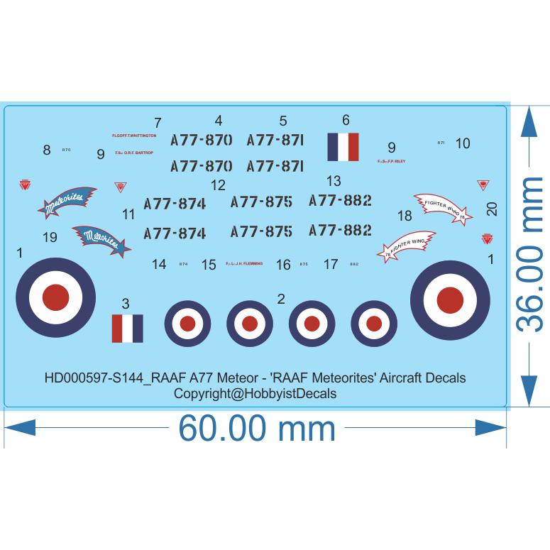 RAAF A77 Meteor - 'RAAF Meteorites' Aircraft Decals - 1/32 1/48 1/72 1/144 - WD - Waterslide, 1/32