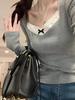 Gray Lace-Stitched Long Sleeve Top: 2024 Spring/Autumn Niche Women's Shirt