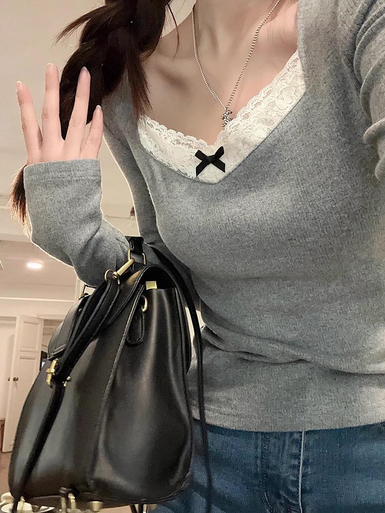 Gray Lace-Stitched Long Sleeve Top: 2024 Spring/Autumn Niche Women's Shirt