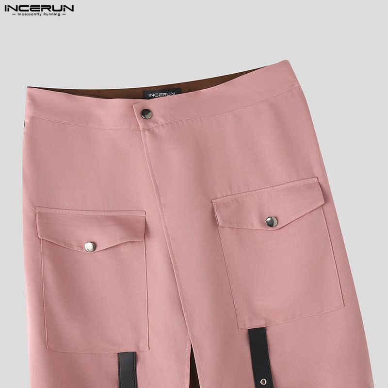 INCERUN Men High Wrap Waist Patchwork Zip-up Casual Loose Long Wide Legs Pants Trousers