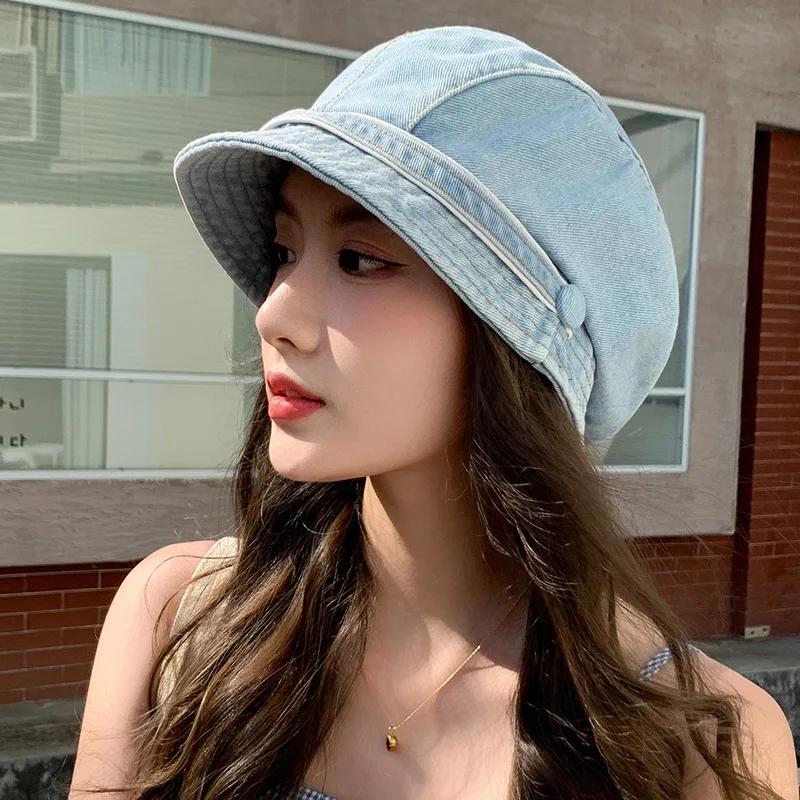 Solid Color Denim Pile Caps for Women Retro Korean Girl Loose Painter Caps Streetwear Outdoor Sun Visor Hats