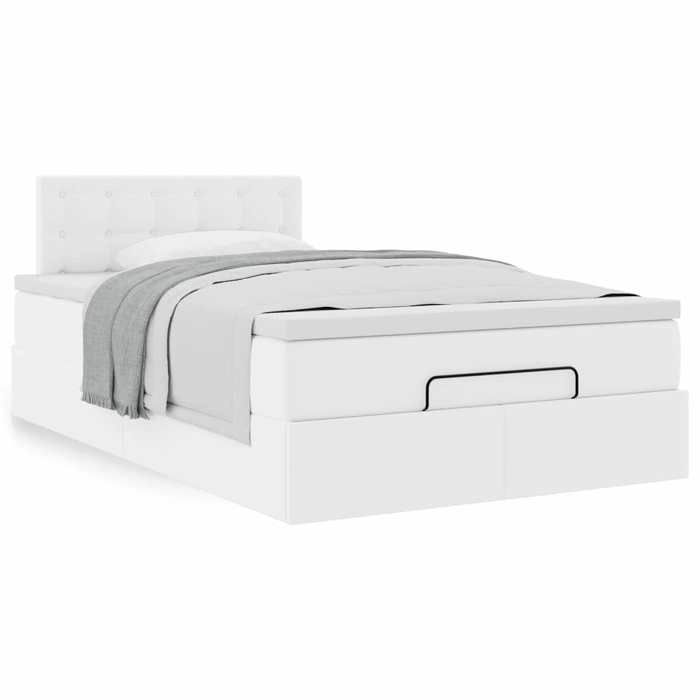 Cadre de lit ottoman - 120x200 cm - Similicuir blanc - Rangement sous le lit - Surmatelas confortable