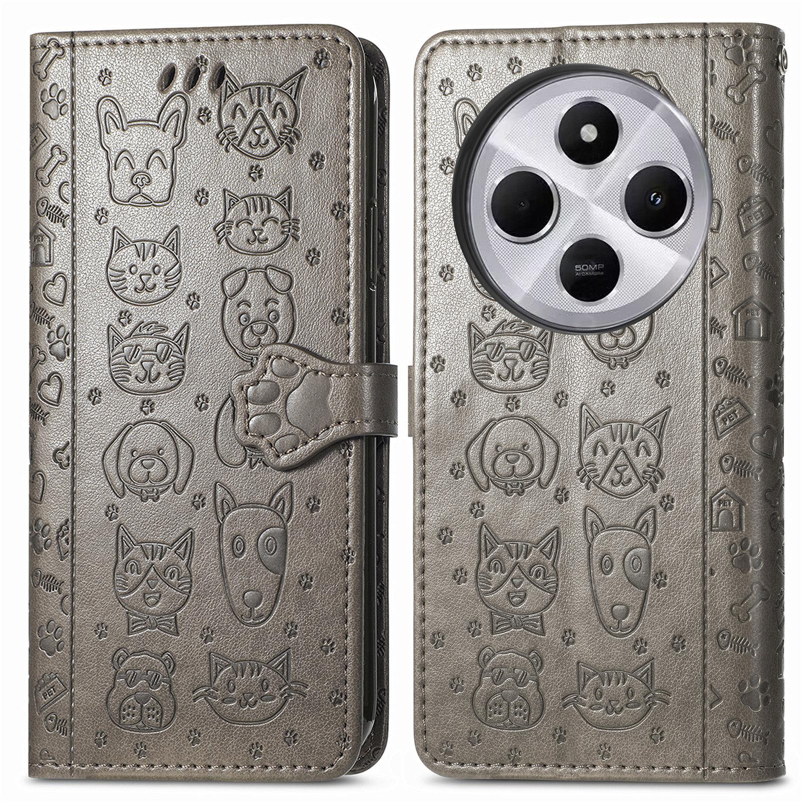 

Leather Phone Case For Xiaomi Redmi 14C 4G/14R 5G/Poco C75 4G Wallet Flip Phone Cover Cute Cat Dog Pattern Grey