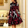 Women Long Sleeve Round Neck Midi Dress Boho Watercolor Plum Blossom Stripe Branch Dot Print Flared Dress