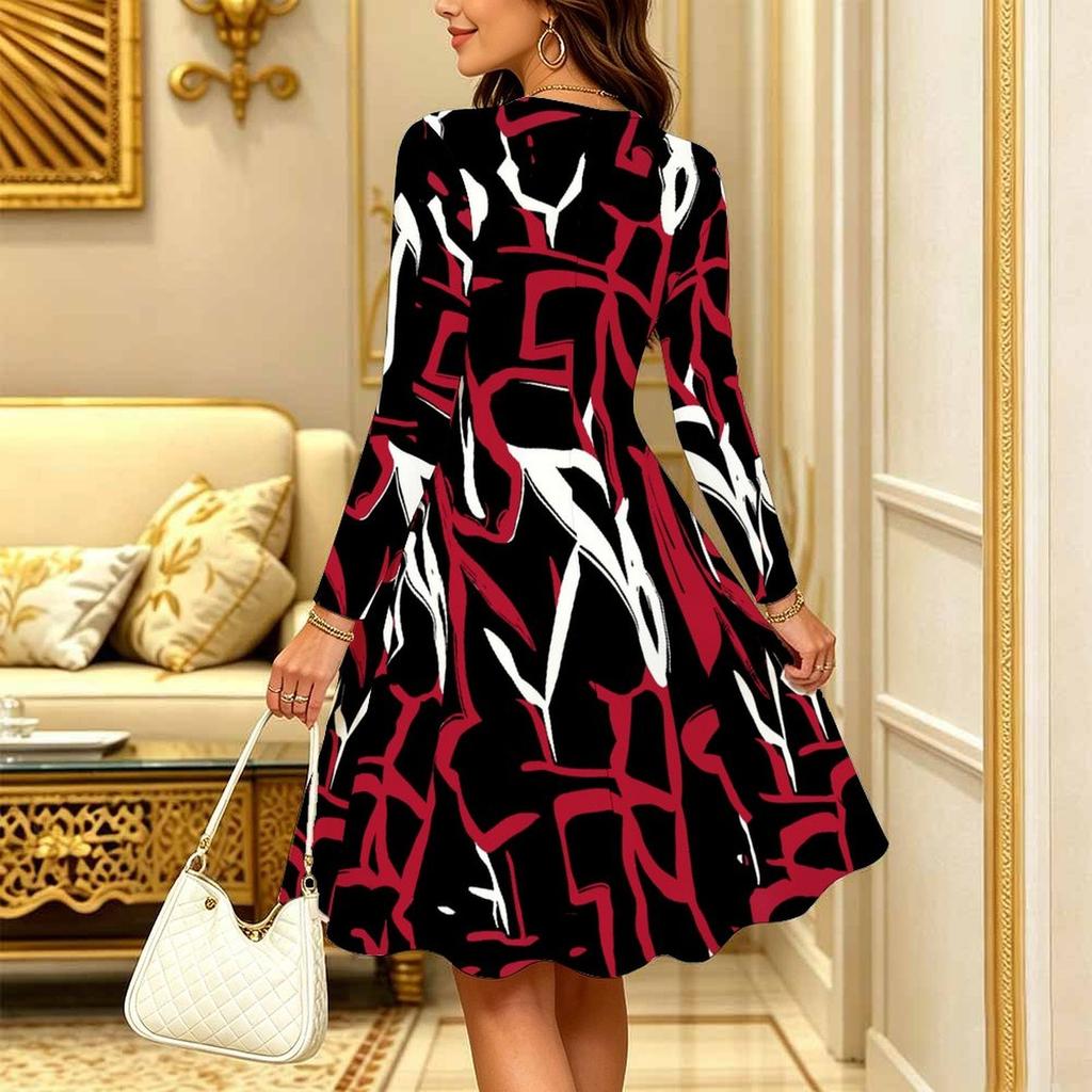 Women Long Sleeve Round Neck Midi Dress Boho Watercolor Plum Blossom Stripe Branch Dot Print Flared Dress