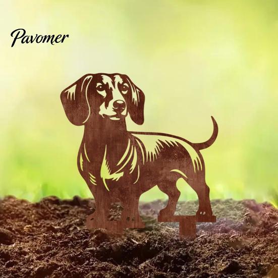 Niedliche Hundeblumenbeet-Dekoration Metall-Dackel-Gartenspieß, Rostige Tier-Silhouette Dekorative Hofspieße Kunst für Draußen Rasen, Weg, Terrasse, Skulptur
