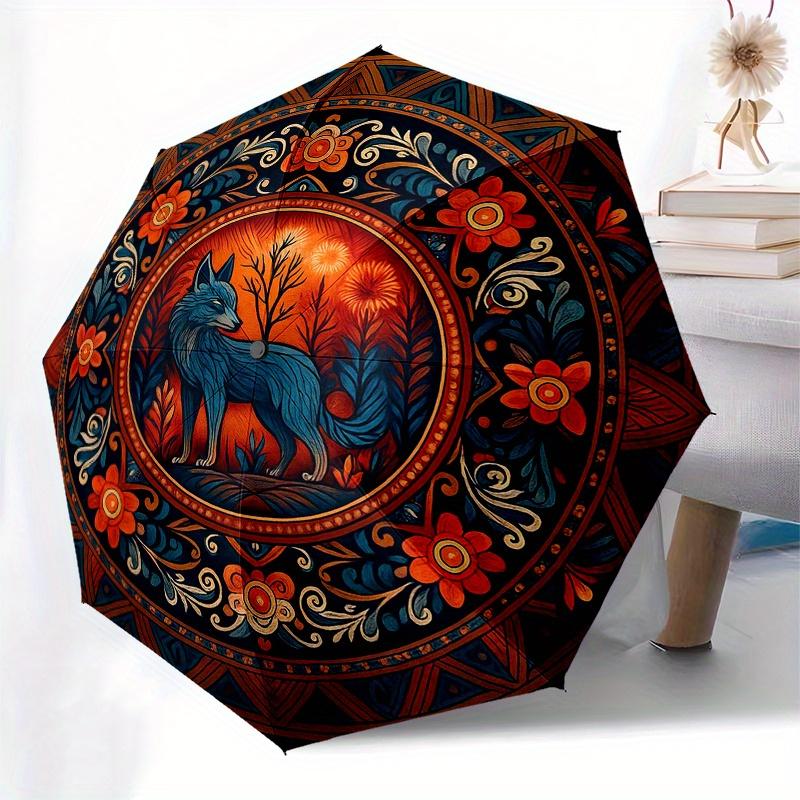 Bohemian Wolf Mandala Rug: Vibrant Floral Design for Your Home DecorUmbrella, Portable 3-Fold Compact Umbrella for Men & Women Gift