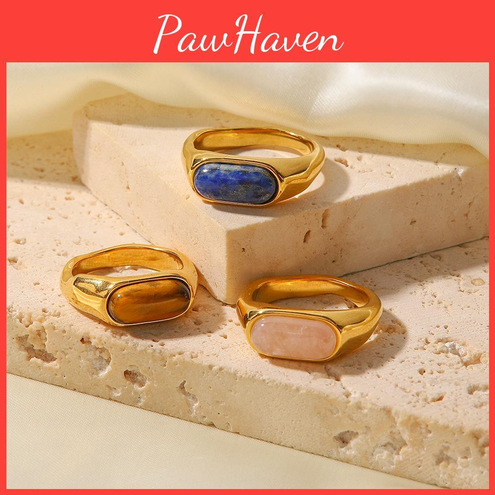 Trendy Women's Stainless Steel Ring Stylish Geometric Shape With Natural Stone Inlay