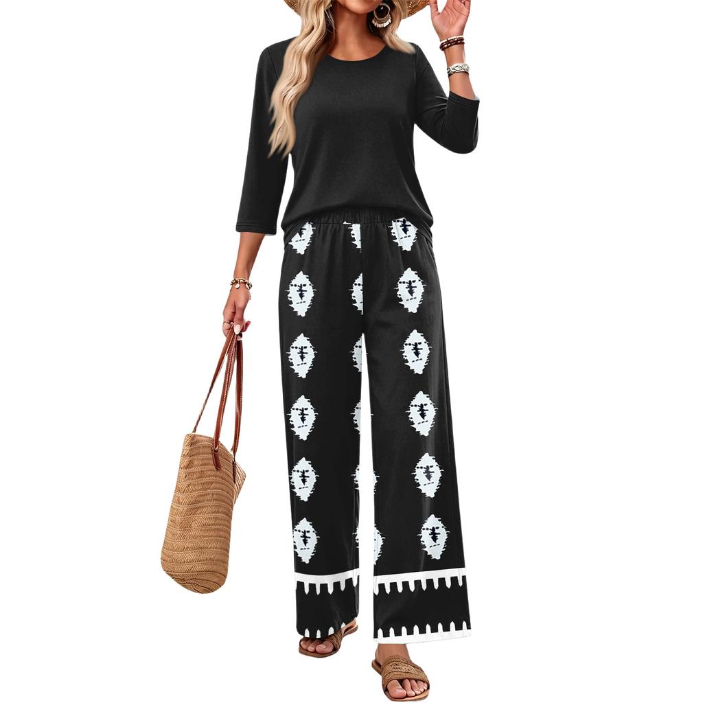 Women's Casual Fashion Round Neck Loose Fit Printed Three Quarter Sleeve Top with Wide Leg Pants Set Comfortable Two Piece Outfit