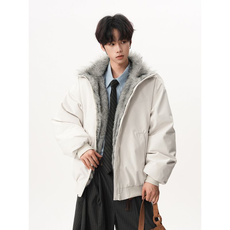 Street Style Mountain Carving Cotton Jacket with Fur Collar Winter Clothing for Men, Thickened Trendy Brand Loose-Fitting Couple Cotton Coat for Women