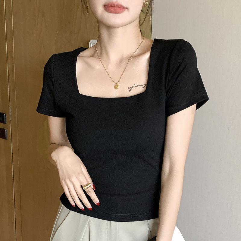 Square Neck Regular Shoulder Fitted Short Sleeve T Shirt Women Casual Inner Top