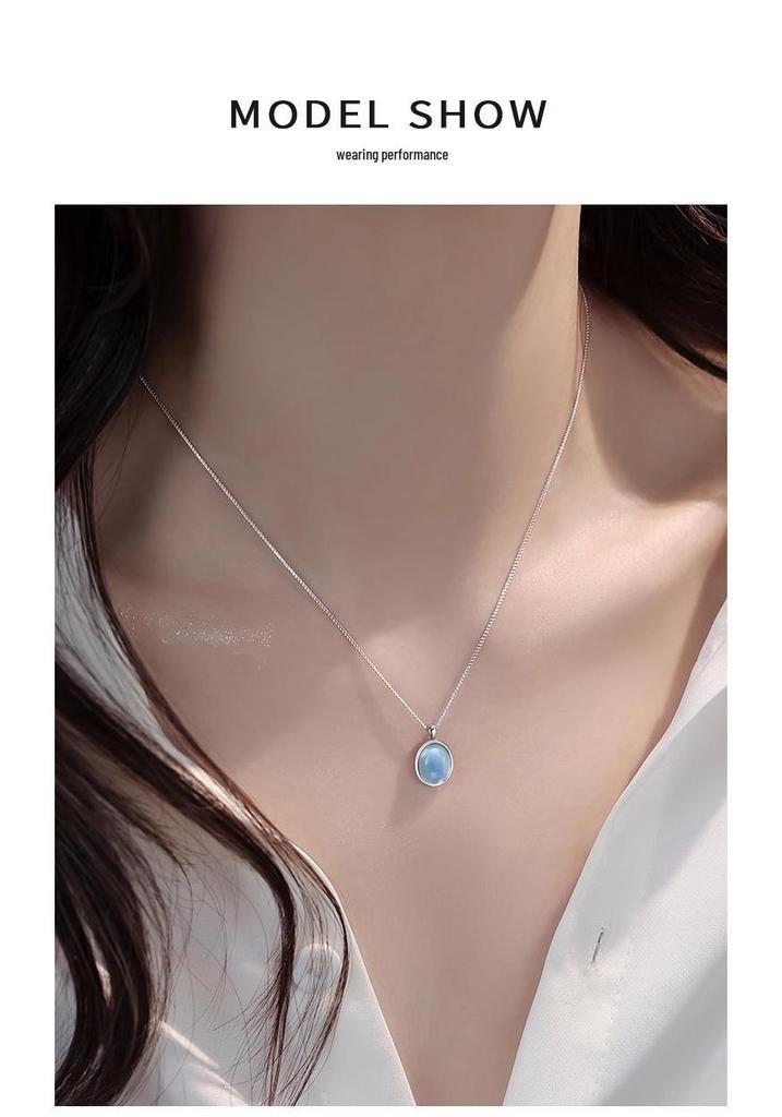 High-End S925 Sterling Silver Natural Aquamarine Oval Pendant Necklace for Women