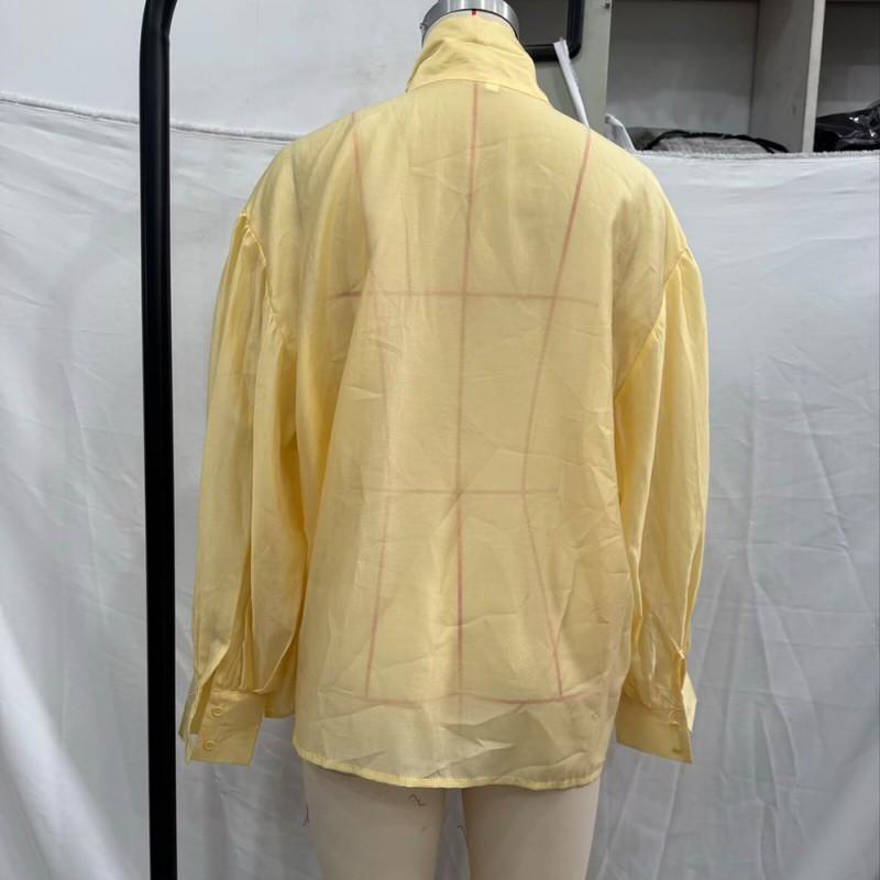 Womens Solid Color Long Sleeve Blouse With Bow Tie Collar Loose Fit Office Casual Shirt