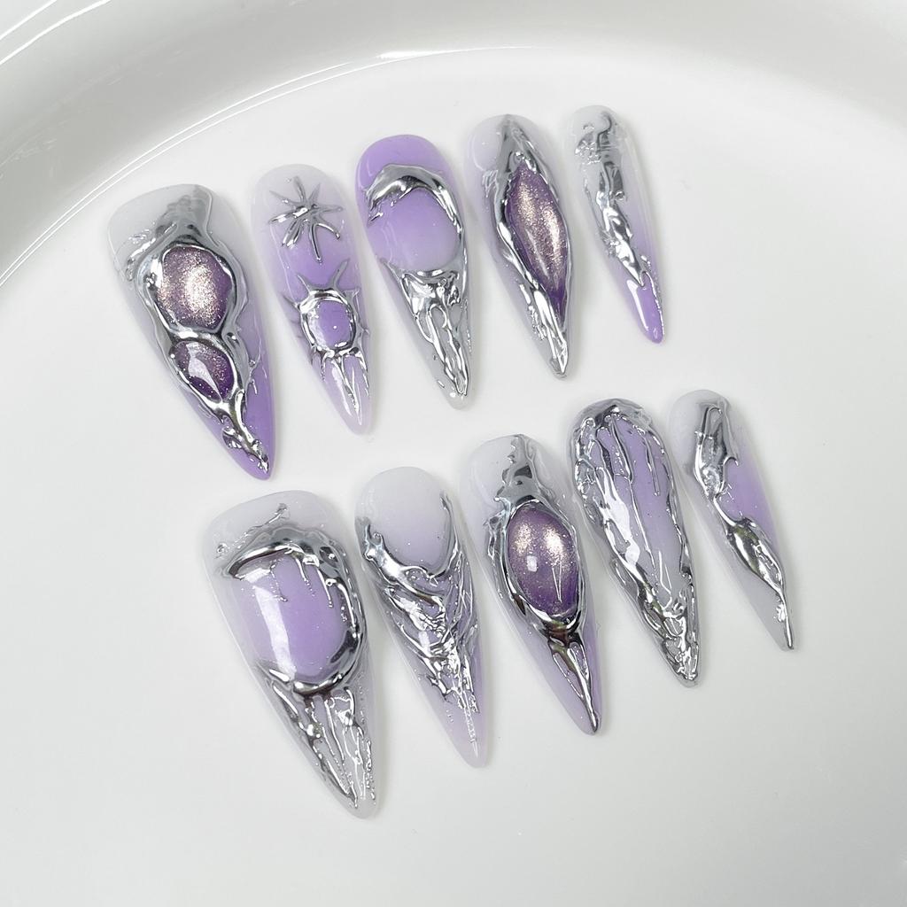 10Pcs Handmade 3D Aurora Diamond Press On Nails Long Almond Stiletto Fake Nails Detachable Manicure