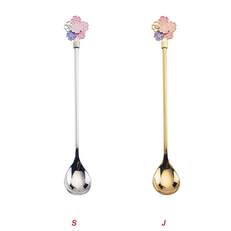 Mixing Spoon 304 Stainless Steel Spoon Home Dessert Spoon Drift Cherry Blossom Spoon Long Handle Spoon