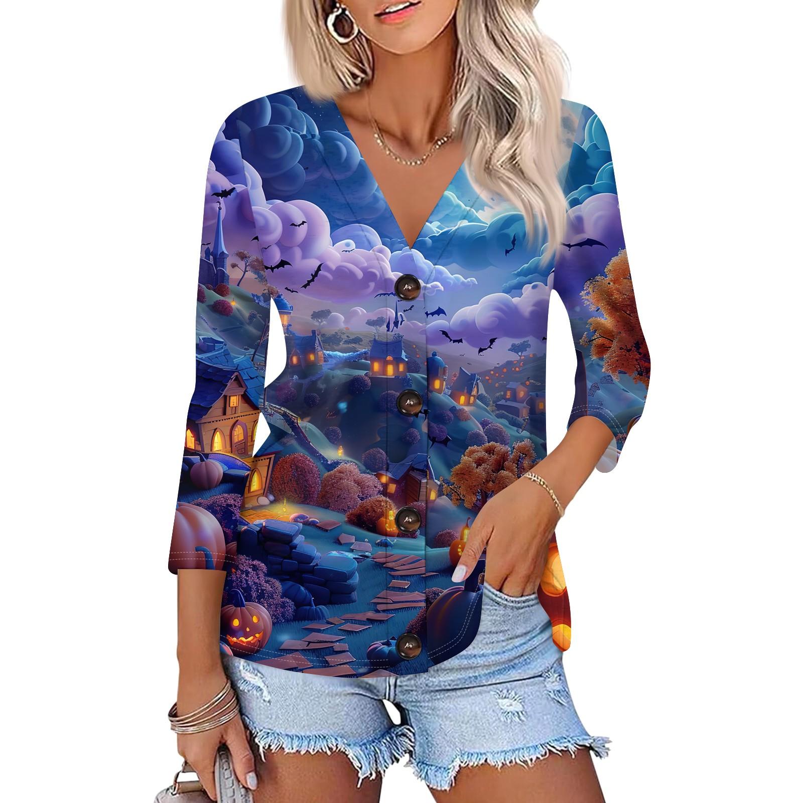 

Women s Fashion Casual Print Button-down Shirt 3/4 Long Sleeve Tops M синій